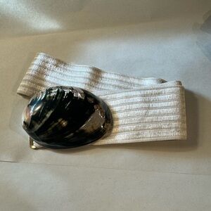 Vintage Tropical Shell World natural shell belt buckle & ivory stretch belt M